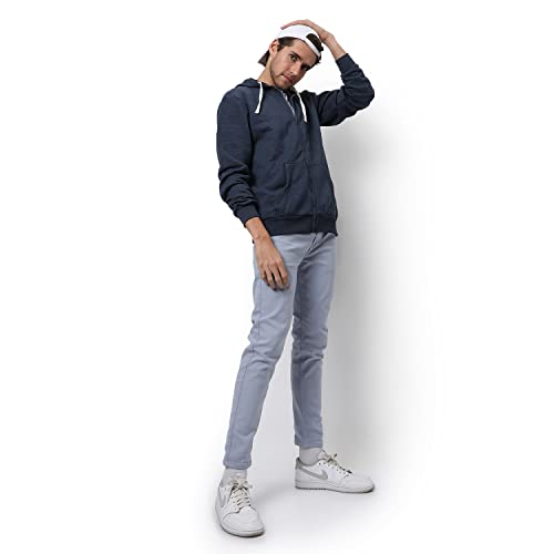 Image of CAHOOT Men's Dark Blue Zip-Front Hoodie with Contrast Drawstring for Casual Wear | Long Sleeve | Hooded Neck | Zipper Closure | Cotton Sweatshirt Crafted with Comfort Fit for Everyday Wear