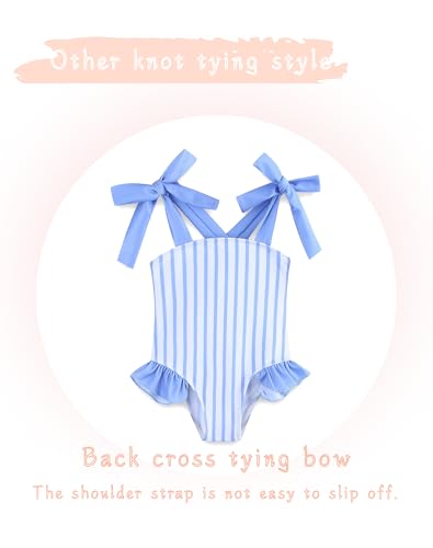 Image of Summer Little Girl Bathing Suit Ruffle One Piece Swimsuits Quick Dry Beach Swimwear for Girls 6-7T Blue Stripe