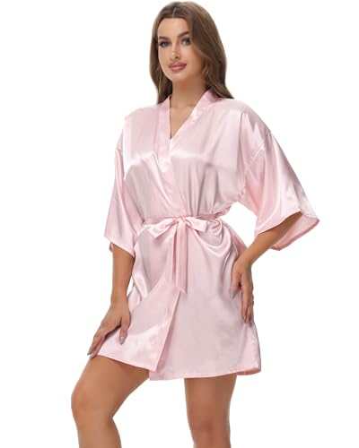 Starblazia Bata de Kimono Mujer Verano Corta de Satén Novia Mangas 3/4 Sexy Cuello en V Albornoz con Cinturón Ajustable para Boda Fiesta Spa Casa Dormir,L,Rosa