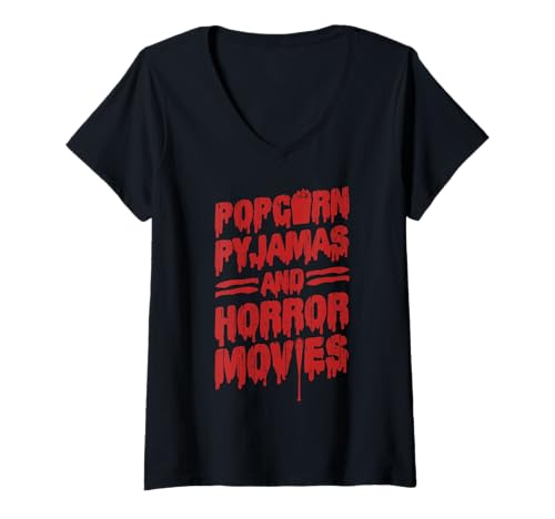 Womens Scary Horror Movie Popcorn Pajamas And Horror Movies V-Neck T-Shirt