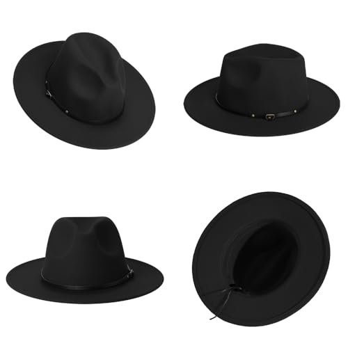 Image of jingsha Fedora Hats for Men & Women Wide Brim Fedora Felt Panama Hat Men's Dress Hats with Belt Buckle