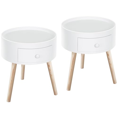 HOMCOM Lot de 2 Tables Basses - Table de Chevet - Table de Nuit Ronde - Design scandinave Table d'appoint Bout de canapé avec tiroir Pieds effilés inclinés...