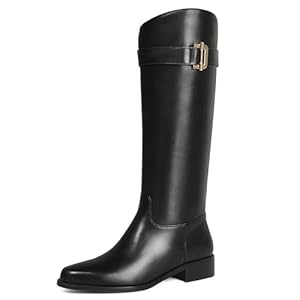 Ouepiano Women’s Knee High Riding Boots Slip On Round Toe Side Zipper Metal Buckle Fashion Tall Long Boots