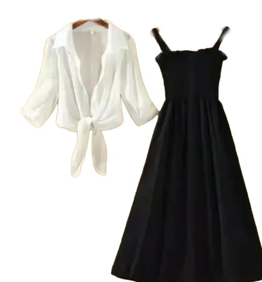 Image of Women's Solid Sleeveless Midi Dress with White Outer Jacket