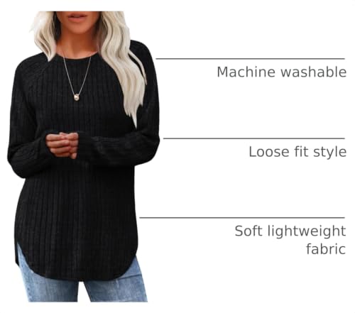 Image of Saloogoe Long Sleeve Shirts for Women 2025 Fall Clothes Tunic Tops Loose Fit Dressy Crewneck Pullover Sweaters Curved Hem