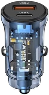 USAMS 30W Car Charger, Dual Port USB-A and Type-C, Fast Charging PD+QC, Transparent Design with LED Backlight, Mini Portable Size