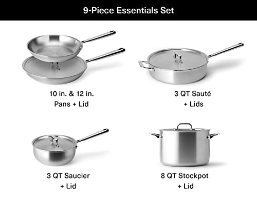Image of Misen 5-Ply Stainless Steel Cookware Set - Versatile, Dishwasher Safe - 9-Piece Set - 10 inch Skillet, 12 inch Skillet + Lid, 3 QT Saute Pan + Lid, 3 QT Saucier + Lid, 8 QT Stockpot + Lid