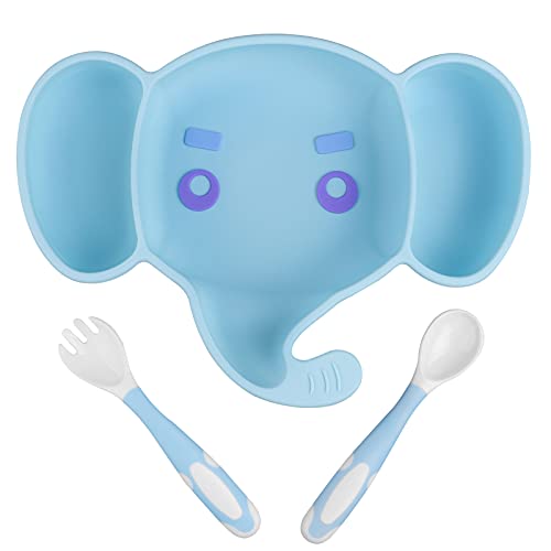Kinderteller mit Saugnapf Baby Teller Rutschfeste Silikonplatte mit Biegsamen Löffel+Gabel Spülmaschinen- und Mikrowellenfest Bestes Babygeschenk für Kleinkinder und Kinder - SVTEOKO (Blau) Cover