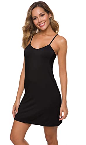 Image of AUHEGN Women's Basic Adjustable Spaghetti Strap Cami Slip Mini Dress