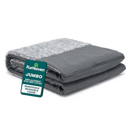 Furhaven Housse de remplacement pour lit de chien en fausse fourrure et suède, gris, très grand
