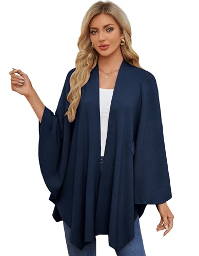 PULI Damen Elegant Poncho Strick Ponchos Capes Vorne öffnen Vielseitige Schalwickel mit Lasche Dunkles Schieferblau