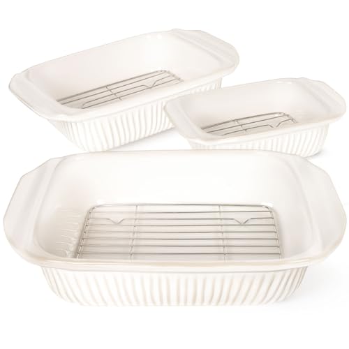 Artena Cazuela para horno, fuente de cerámica para hornear, sartén grande para lasaña con asas, cacerola para hornear, utensilios rectangulares para hornear profundos, color blanco, juego de 3 (5.1