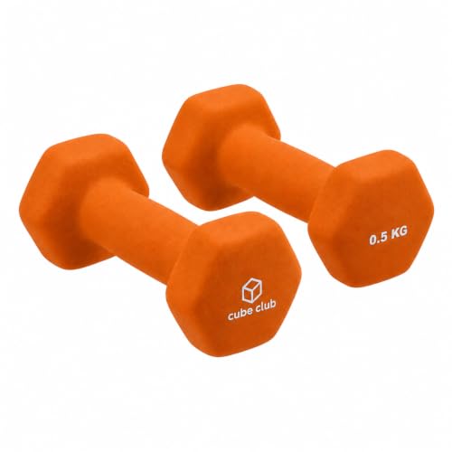 Image of The Cube Club Neoprene Dumbbells Set 0.5kg x 2 for Women & Men | Premium Anti-Slip Hex Dumbbells set for home workout| Gym Equipment for Home Workout, Yoga, Pilates & Strength Training - Orange 1kg
