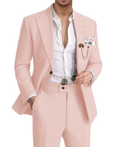 Mens Linen Suit 2 Piece Slim Fit Lightweight Summer Beach Wedding Groomsmen Prom Tuxedos Blazer Pants Set