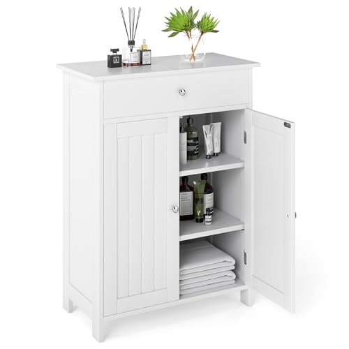 Giantex Storage Cabinet, White Bathroom Cabinet with 2 Doors, 1 Drawer, 3-Level Adjustable Shelf, Modern Wooden Storage Organizer for Laundry Room, Entryway, Living Room