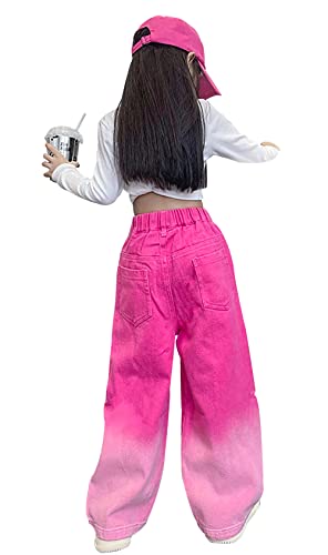 Kids Girls Wide Leg Jeans Elastic Waist Denim Pants Casual Ripped Baggy Trousers Straight Distressed Bootcut Bottom4