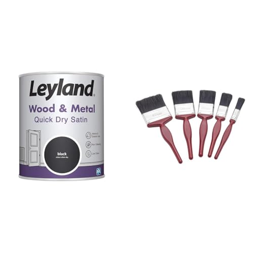 Leyland Wood & Metal Quick Dry Satin, Black, 750ml & Fit For The Job 5 pc Mixed Sizes Paint Brush Set for a Smooth Finish with Emulsion, Gloss