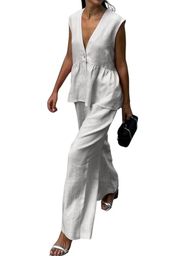 Volemo Womens Two Piece Set Sleeveless V Neck Peplum Vest