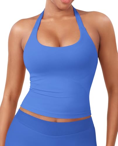 Image of YEOREO SoftHue Women's Impact Halter Tank Top Longline Backless Scoop Neck Built-in Bra Sports Workout Gym Crop Top