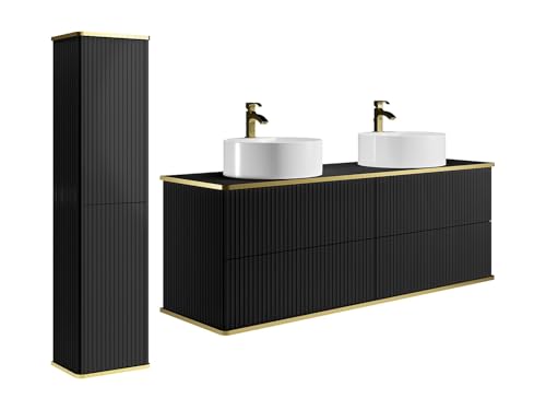 Vente-unique - Meuble de Salle de Bain Suspendu strié avec Double Vasque à Poser Ronde et Colonne - Noir - 120 cm - KELIZA