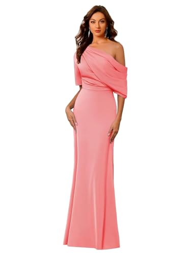 Image of Mermaid Satin Mother of The Bride Dresses for Women Elegant One Shoulder Ruffle Long Formal Evening Gown