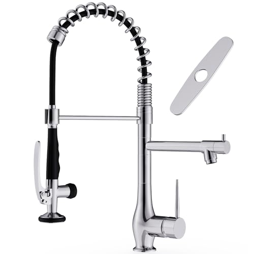 Image of GIMILI Chrome Kitchen Faucet with Pull Down Sprayer, Single Handle High Pressure Kitchen Sink Faucet, Commercial Double-Headed Stainless Steel Kitchen Faucets Sink with Deck Plate