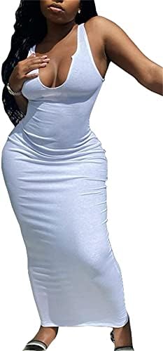 Sexy V Neck Ribbed Tank Maxi Bodycon Dress Women Sleeveless Summer Beach Clubwear Party Long Dresses White 2XL