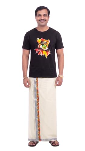 Image of Mens Print along with Border 100% Cotton Cream Dhoti 4.00 Meters Double Mundu /Vesti