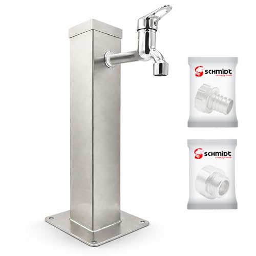 SCHMIDT security tools Wassersäule Edelstahl 50 cm Garten Wasserhahn Wasserzapfstelle mit 1/2 Zoll Anschluss 3/4 Zoll Adapter & Schlauchadapter quadratische Wasserzapfsäule Außen
