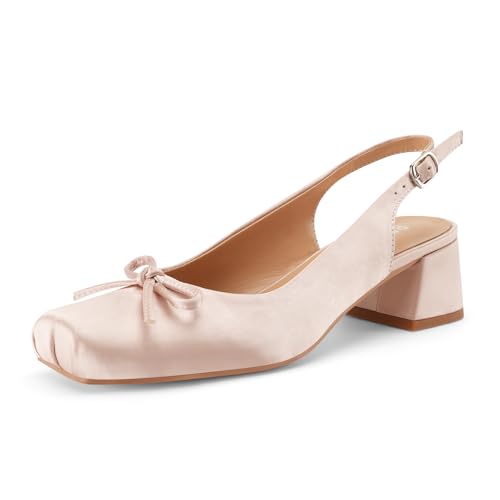 Women's Ballet Slingback Heels Square Toe Chunky Heel Pumps Comfy Dressy Prom Ballerina Shoes with Bow