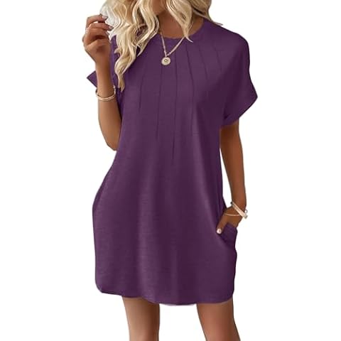 Minclouse Women's Casual Cap Short Sleeves Mini Dresses Cute Pleated T Shirt Dress with Pockets (Purple,Large) Cover