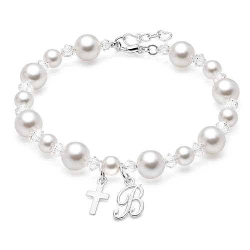 Image of Baby Crystals Sterling Silver Cross Charm | White Pearl Baptism Bracelet