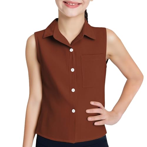 Teen Girls Lapel Button up Sleeveless Shirts Solid Collared Vest Shirt with Pocket Youth Formal Camisole Undershirts