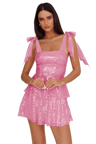 Sparkly Sequin Tiered Homecoming Dresses for Teens Spaghetti Strap A-Line Short Prom Dress Bow Cocktail Party Gowns