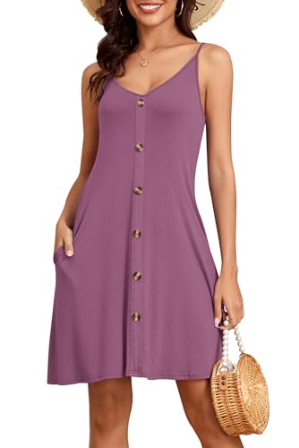 NARRAME Vestidos de Mujer con Tirantes Finos y Cuello en V, Vestidos de Verano para Mujer, Vestido Informal básico de Moda con Bolsillos, Color Malva, Mediano