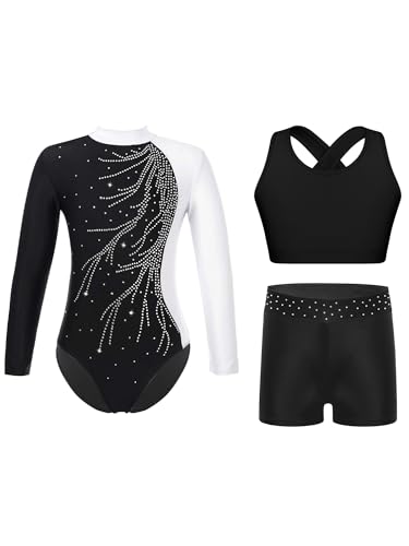 Alvivi 3 Stück Mädchen Turnanzug Glitzer Gymnastikanzug Langarm Gymnastikbody + Sport BH Tops + Shorts Gymnastik Leotard Turntrikot Tanzkostüm A Weiß 134-140