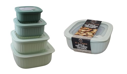 Set of 4 BPA-Free Square Food Storage Containers Vented Lids Assorted Sizes, Microwave & Freezer Safe Nesting Design for Leftovers Meal Prep Fridge Organization Dry Grains (Green)