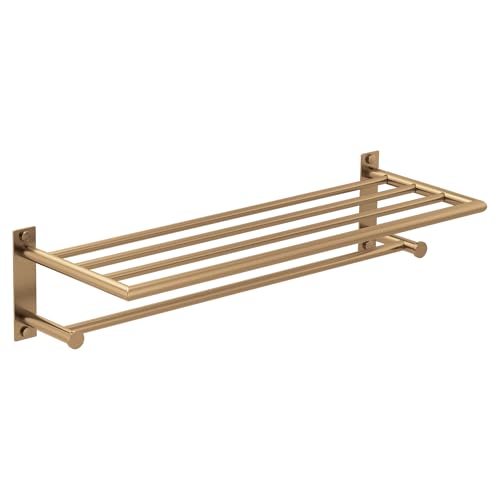 Moen Aryls Bronzed Gold 24-Inch Wide Modern Bathroom Hotel-Style Towel Storage Shelf with Towel Bar, Y5794BZG
