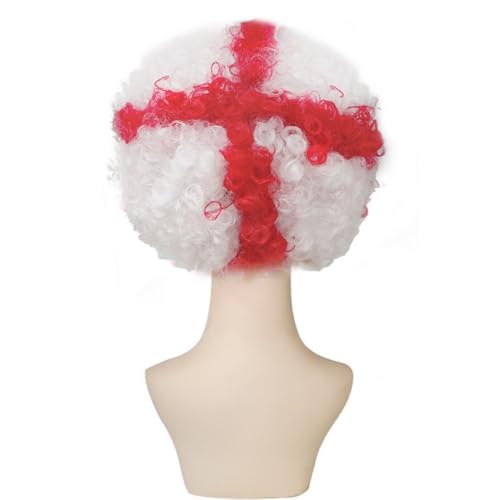 Image of FREE BEAUTY England Flag Colored Afro Wig for Men Women 2026 World Cup Fan Wig Soccer Fans Cheer Hair White Red Afro Wigs for Football Fans for Stadium Party Cosplay (England)