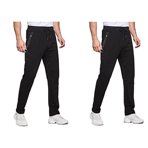 Tansozer Jogginghose Herren Trainingshose Männer Sporthose Herren Lang Baumwolle Fitness Hosen Herren Reissverschluss Taschen Ohne Bündchen 2er Pack Schwarz and Schwarz S