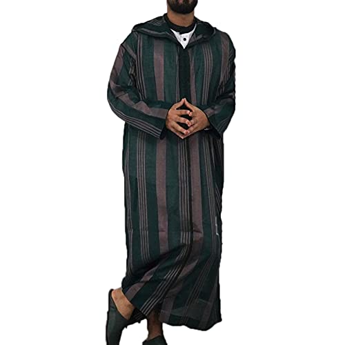 Mens Kaftan Hooded Robe Men Muslim Prayer Dress Red Stripe Gown Thobe Casual Long Shirt for Beach