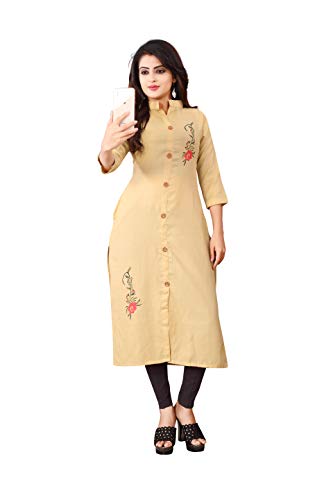 Image of OM SAI LATEST CREATION Slub-Rayon Three-Fourth Sleeve Printed A-Line Kurti for Women