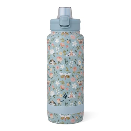 Manna Push Stainless Steel Bottle with Push-open Locking Lid and Sipping Spout - 40 Oz - 3D Moths