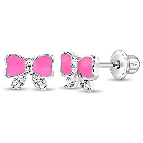 925 Sterling Silver Girl's Clear Cubic Zirconia Enameled Pink Bow Screw Back Earrings, Bow-rrific Screw Back Locking for Toddlers & Little Girls- Fashionable & Stylish Pink Earrings for Pre Teens
