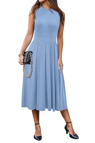 Image of Newshows Women 2025 Work Dress Sleeveless Crew Neck Office Business Casual Outfits Midi Elegant Dresses with Pockets