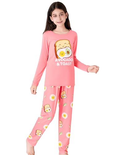 Image of Beezizac Girls Pajamas Cute Print Short /Long Sleeve Pants Set Size 6-18 | Soft Stretch Poly Blend, Comfy Crewneck, Elastic Waist Pants, Everyday & Holiday Sleepwear for Big Girls, Tweens & Teens