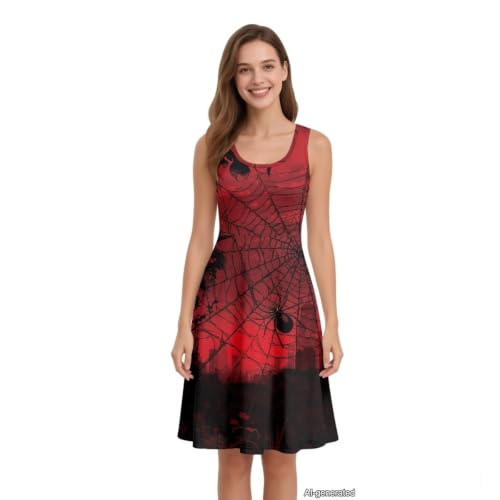 Image of Women Stylish Tank Dresses Sleeveless Round Neck Midi Casual Dress with Pocket for Summer