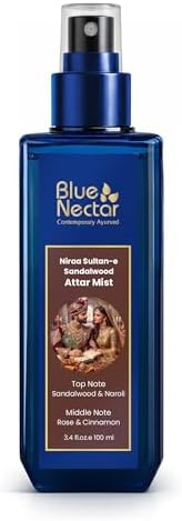 Blue Nectar Sultan-e Sandalwood Attar Mist | Perfume Mist for Men & Women| Long-Lasting Chandan Attar with Neroli, Rose & Cinnamon | Woody Floral Body Mist | Travel-Friendly (3.38 Fl Oz)