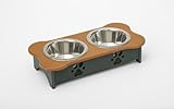 2 qt. 5.25 in. Low High Double Poly Wood Dog Bowl with 2 Stainless Steel Bowls Cedar Top & Hunter Green Base
