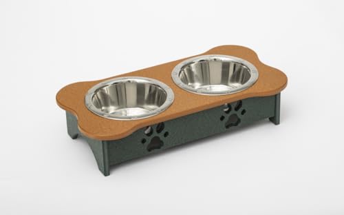 2 qt. 5.25 in. Low High Double Poly Wood Dog Bowl with 2 Stainless Steel Bowls Cedar Top & Hunter Green Base